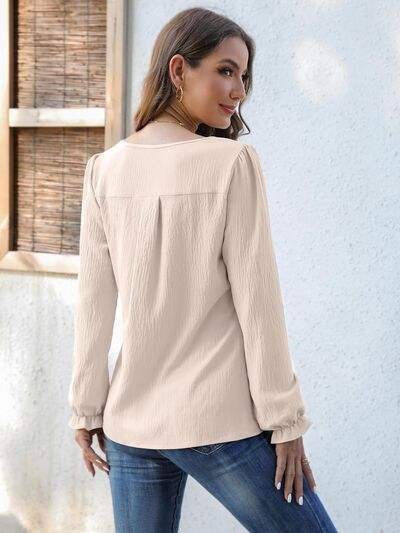 Notched Flounce Sleeve Blouse - Trendsi - Flyclothing LLC