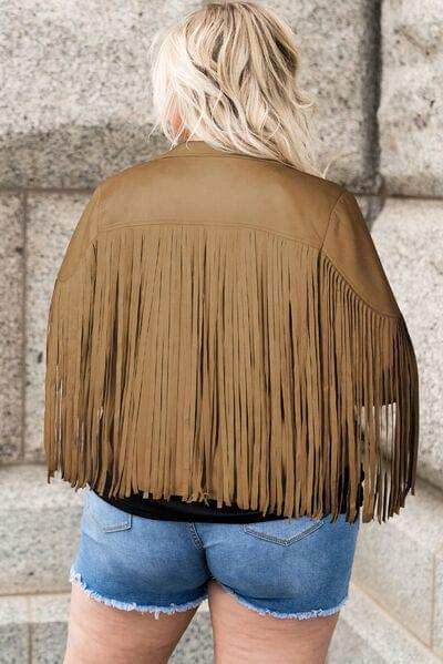 Plus Size Fringe Open Front Jacket - Trendsi - Flyclothing LLC