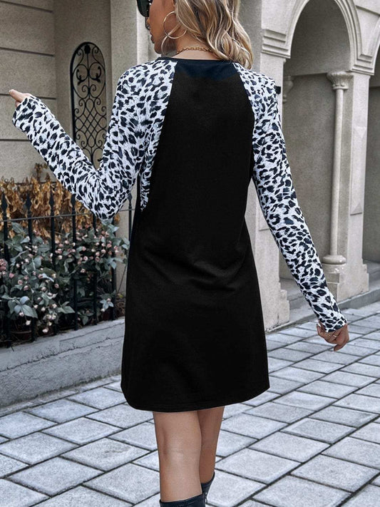 Leopard Round Neck Long Sleeve Dress - Trendsi - Flyclothing LLC