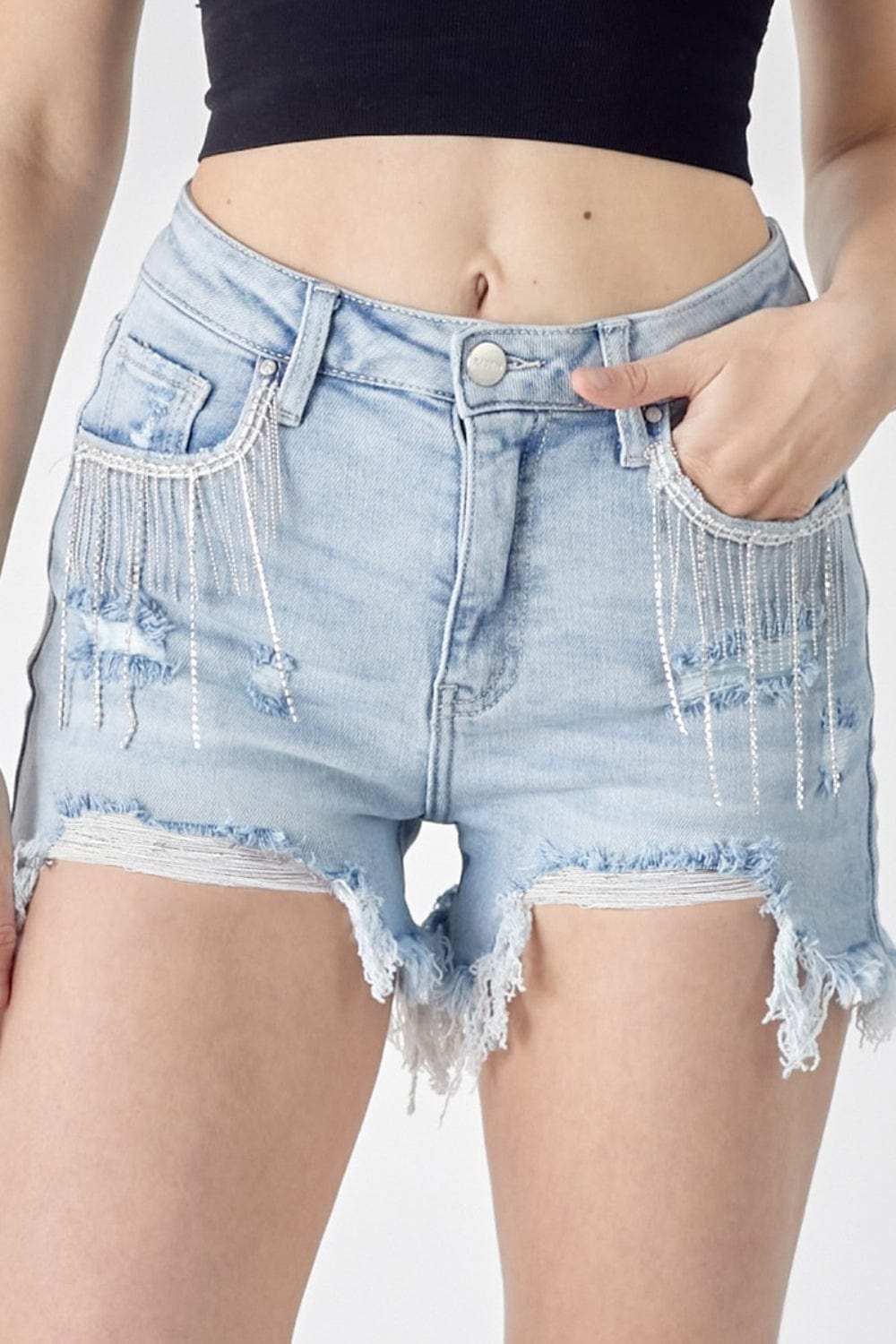 RISEN Frayed Hem Denim Shorts with Fringe Detail Pockets - Trendsi - Flyclothing LLC