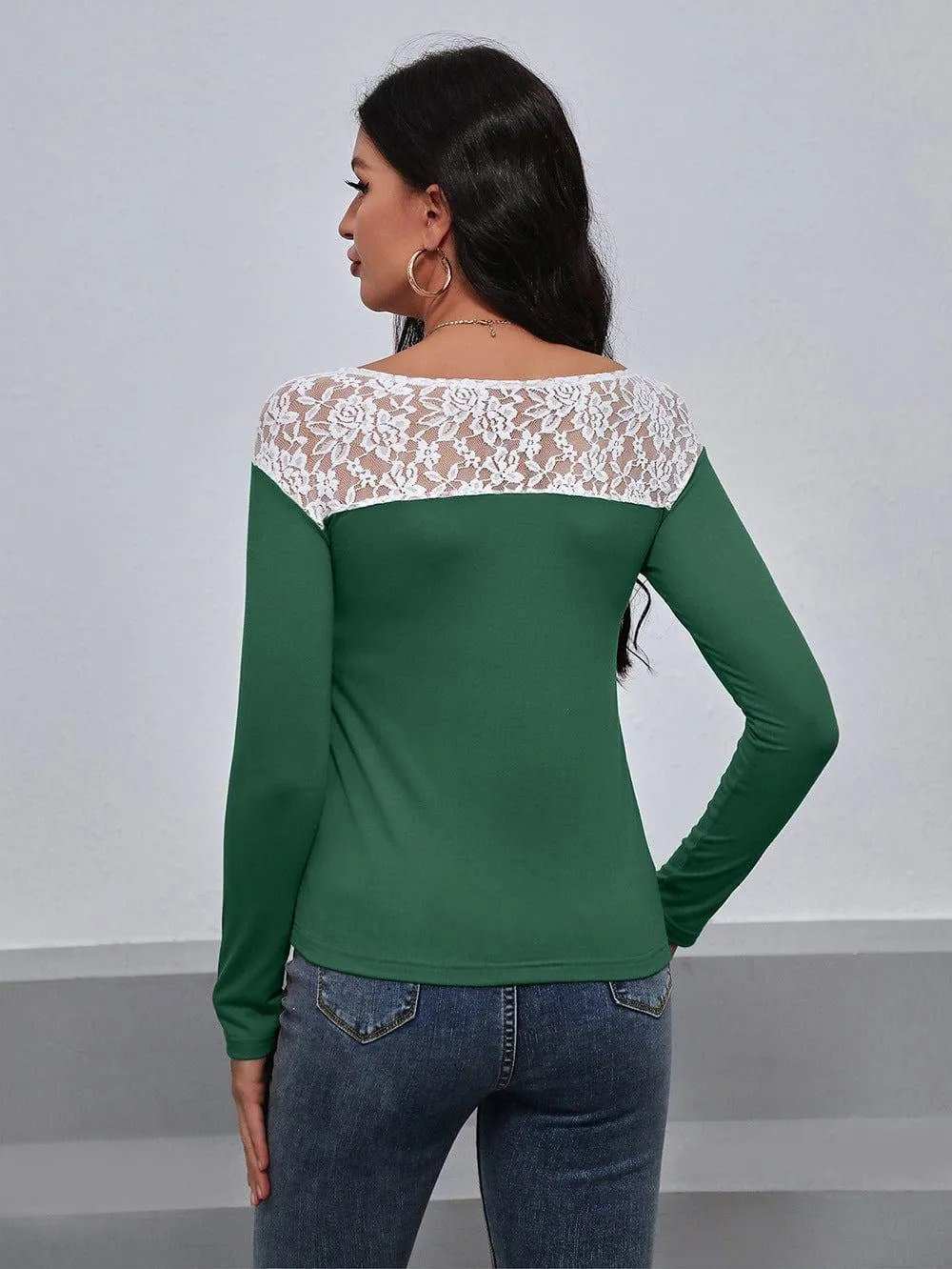 Lace Trim Long Sleeve Round Neck Tee - Trendsi - Flyclothing LLC