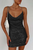 Cowl Neck Contrast Sequin Sleeveless Mini Dress - Trendsi - Flyclothing LLC