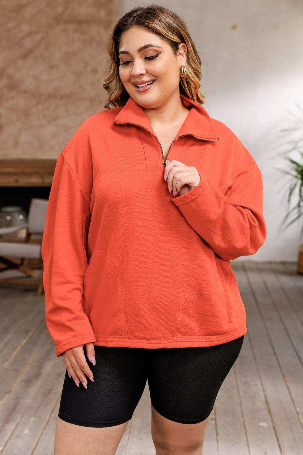Plus Size Zip-Up Dropped Shoulder Sweatshirt - Trendsi - Flyclothing LLC