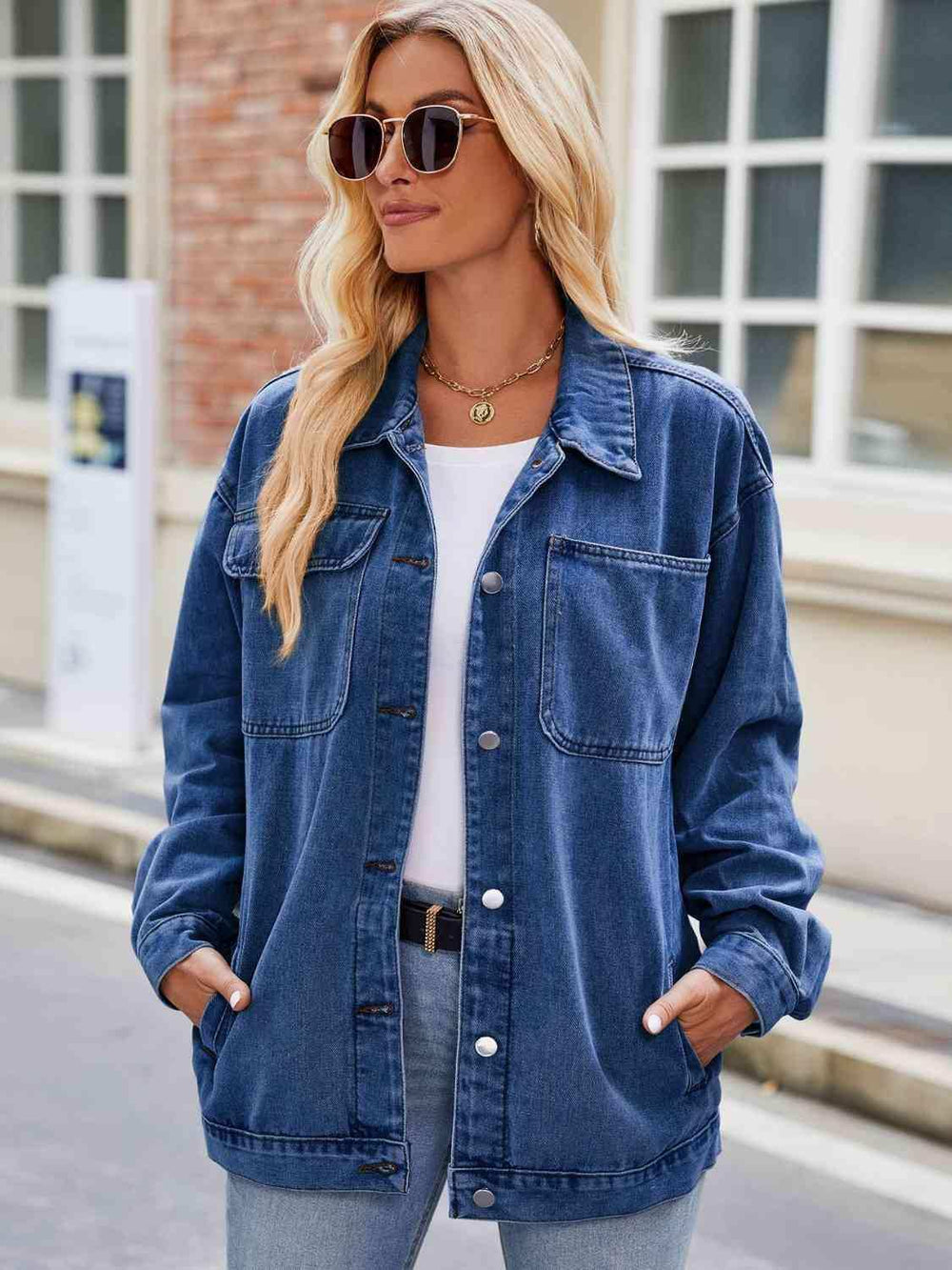 Button Up Denim Jacket with Pockets - Trendsi - Flyclothing LLC