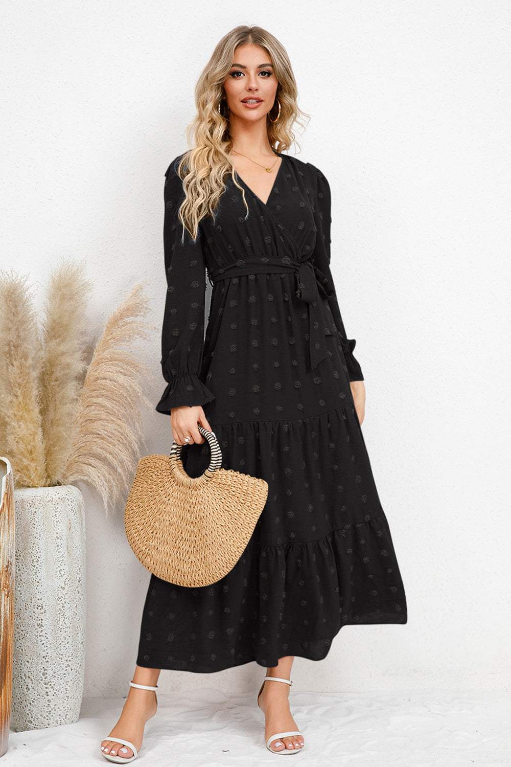 Swiss Dot Tied Surplice Flounce Sleeve Dress - Trendsi - Flyclothing LLC