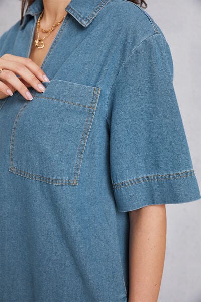 Pocketed Collared Neck Mini Denim Dress - Trendsi