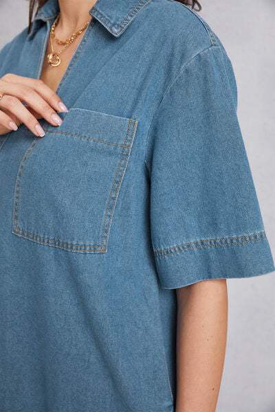 Pocketed Collared Neck Mini Denim Dress - Trendsi - Flyclothing LLC
