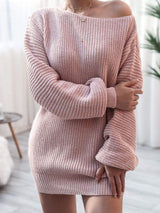 Rib-Knit Balloon Sleeve Boat Neck Sweater Dress - Trendsi - Flyclothing LLC