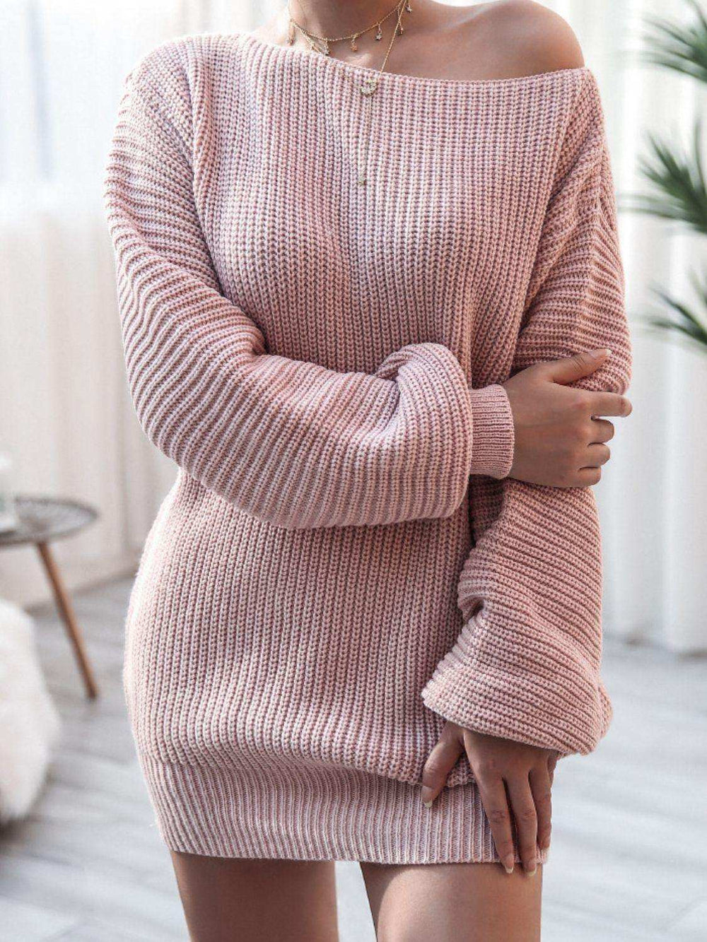 Rib-Knit Balloon Sleeve Boat Neck Sweater Dress - Trendsi - Flyclothing LLC