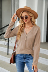 Cable-Knit Long Sleeve V-Neck T-Shirt - Trendsi