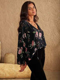 Flower Printed Tie Neck Long Sleeve Blouse - Trendsi - Flyclothing LLC