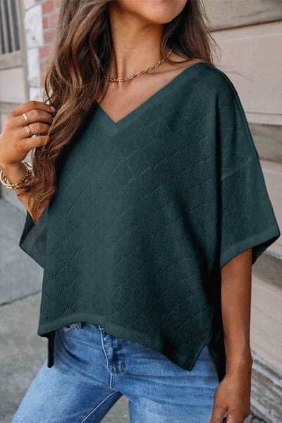 Eyelet V-Neck Dropped Shoulder T-Shirt - Trendsi - Flyclothing LLC
