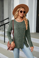 Buttoned Long Sleeve Slit Top - Trendsi