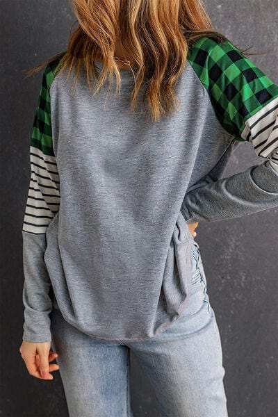 Striped Plaid Round Neck Long Sleeve T-Shirt - Trendsi - Flyclothing LLC