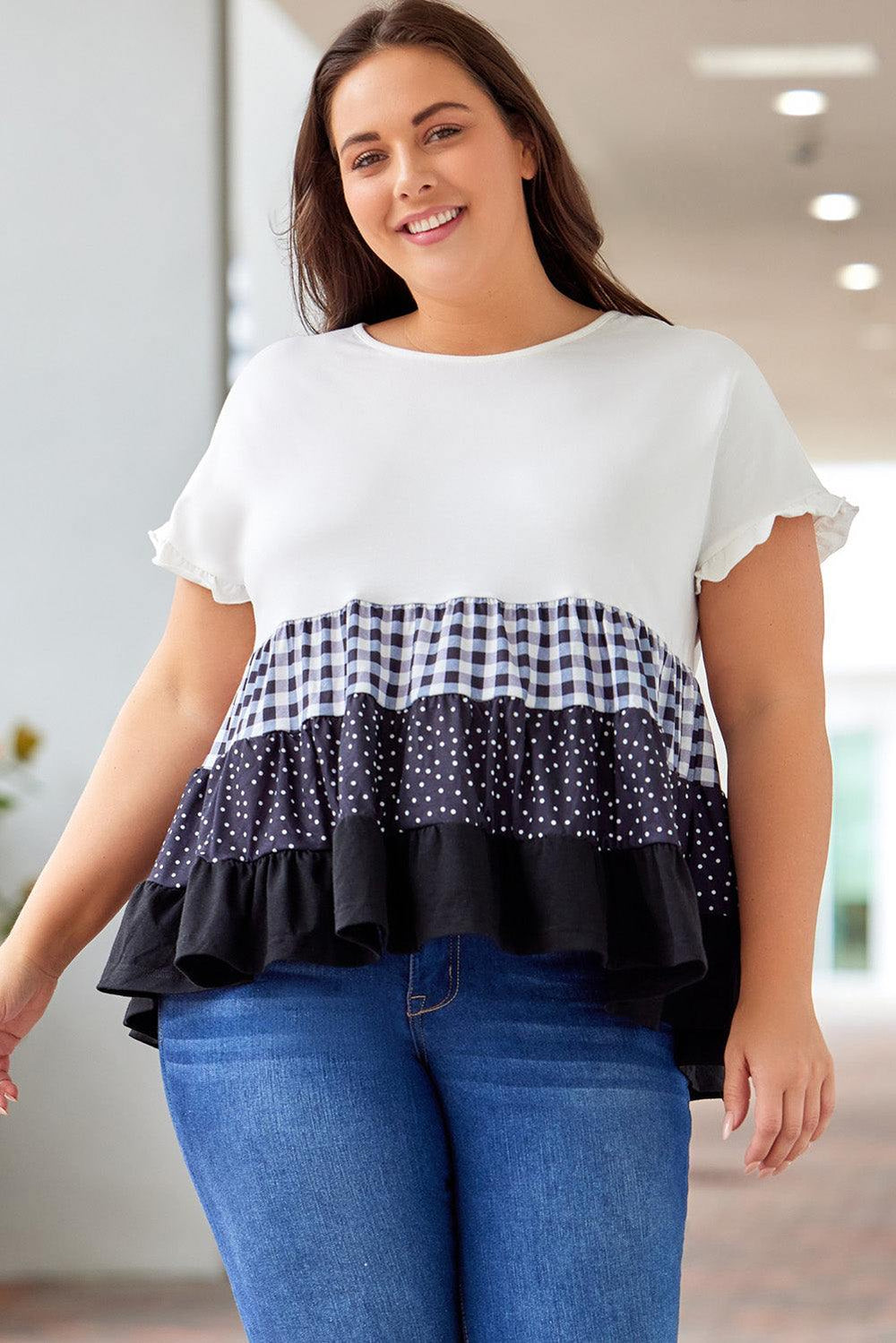 Plus Size Plaid Color Block Tiered Blouse - Trendsi