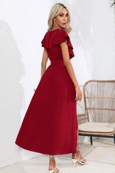 Ruffled Tied V-Neck Midi Dress - Trendsi