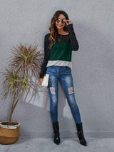 Color Block Round Neck Long Sleeve T-Shirt - Trendsi - Flyclothing LLC