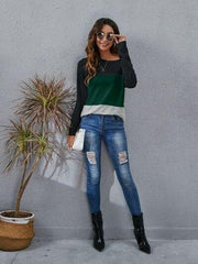 Color Block Round Neck Long Sleeve T-Shirt - Trendsi