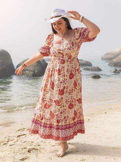 Plus Size Printed Square Neck Ruffle Hem Dress - Trendsi - Flyclothing LLC