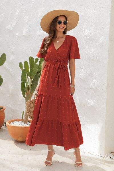 Swiss Dot Tied Surplice Short Sleeve Dress - Trendsi - Flyclothing LLC