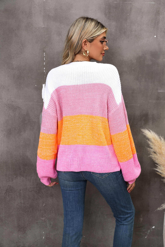 Color Block Round Neck Dropped Shoulder Sweater - Trendsi - Flyclothing LLC