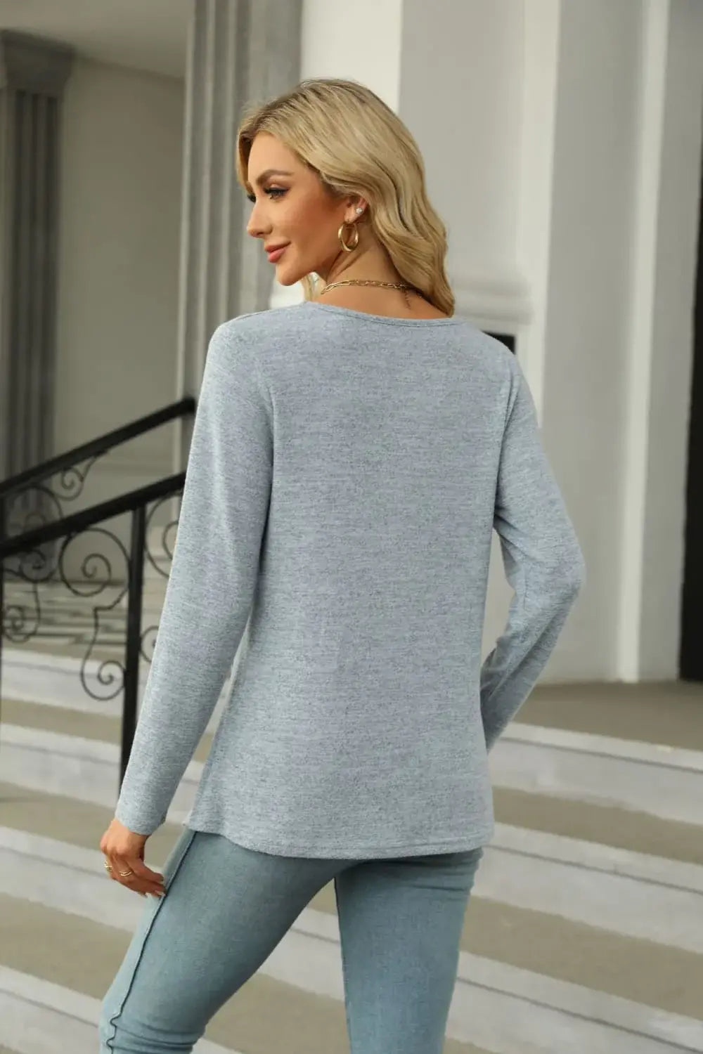 Square Neck Long Sleeve Slit T-Shirt - Trendsi - Flyclothing LLC
