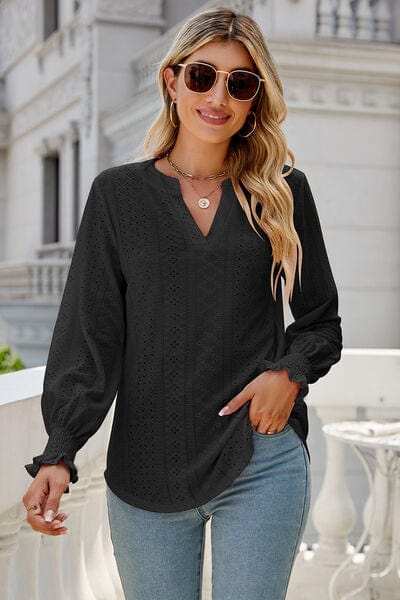Eyelet Notched Lantern Sleeve T-Shirt - Trendsi - Flyclothing LLC