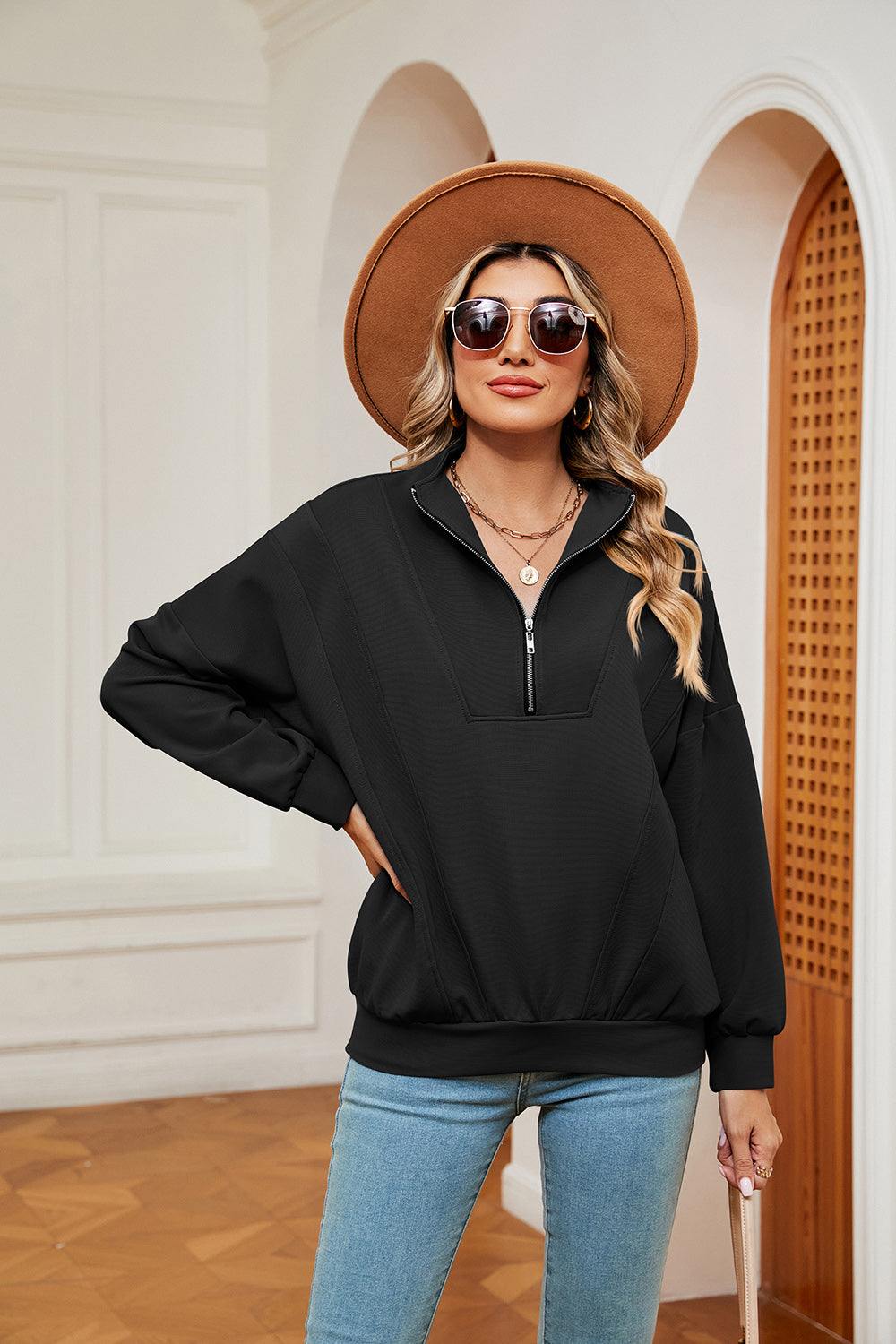 Half-Zip Dropped Shoulder Sweatshirt - Trendsi