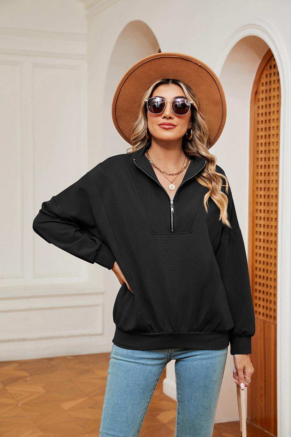 Half-Zip Dropped Shoulder Sweatshirt - Trendsi - Flyclothing LLC