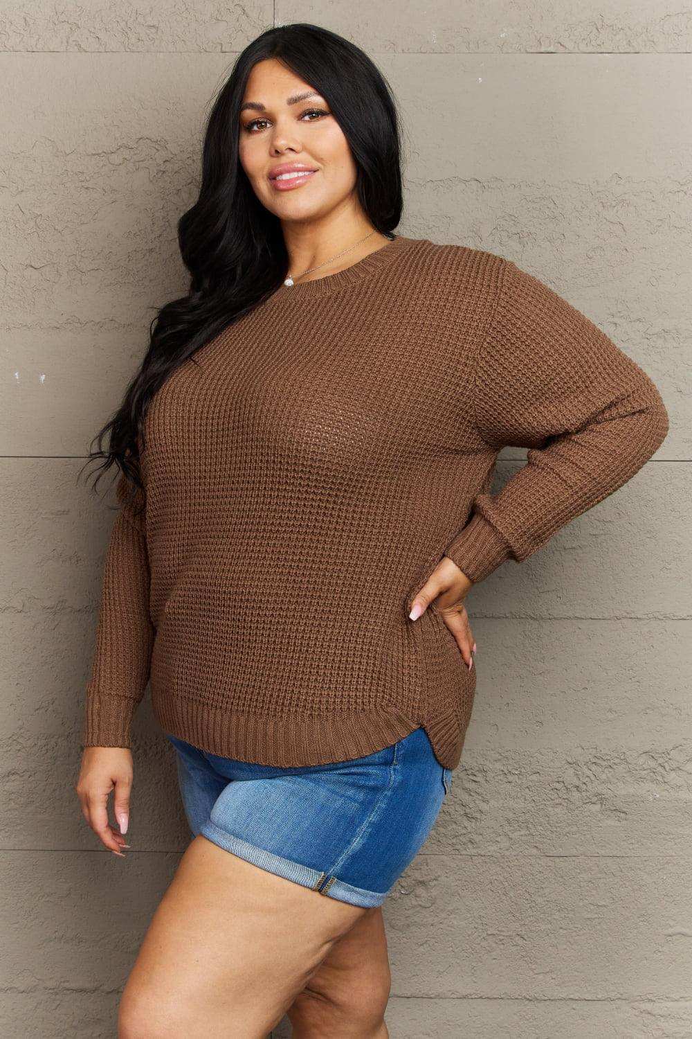 Zenana Breezy Days Plus Size High Low Waffle Knit Sweater - Trendsi - Flyclothing LLC