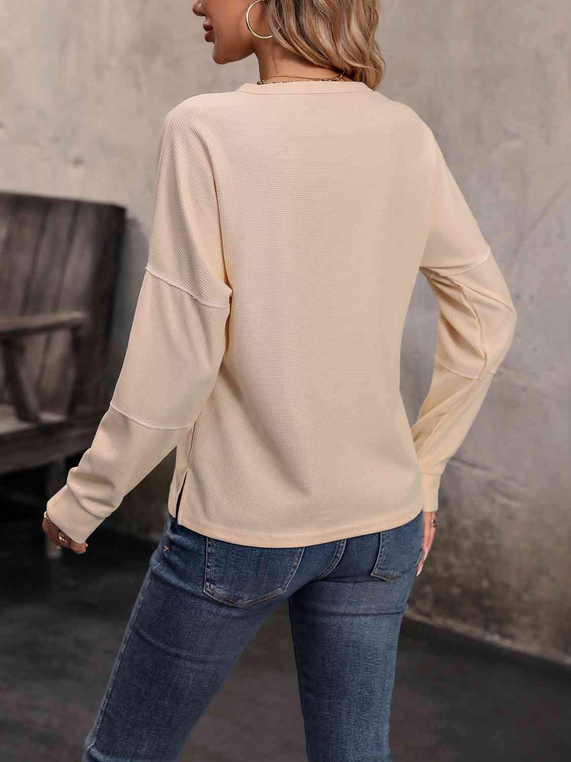 Round Neck Buttoned Slit Long Sleeve Top - Trendsi - Flyclothing LLC