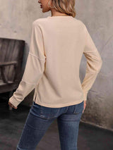 Round Neck Buttoned Slit Long Sleeve Top - Trendsi - Flyclothing LLC