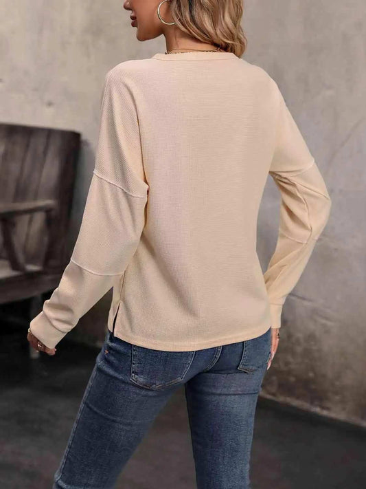 Round Neck Buttoned Slit Long Sleeve Top - Trendsi - Flyclothing LLC