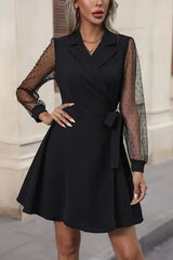 Lapel Collar Tied Mesh Long Sleeve Dress - Trendsi - Flyclothing LLC
