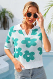 Floral Johnny Collar Half Sleeve Knit Top - Trendsi