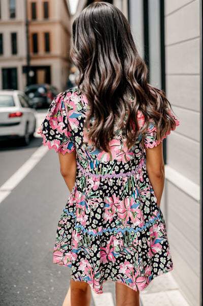Printed Ruffle Hem Short Sleeve Mini Dress - Trendsi - Flyclothing LLC