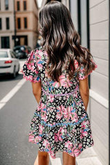 Printed Ruffle Hem Short Sleeve Mini Dress - Trendsi - Flyclothing LLC