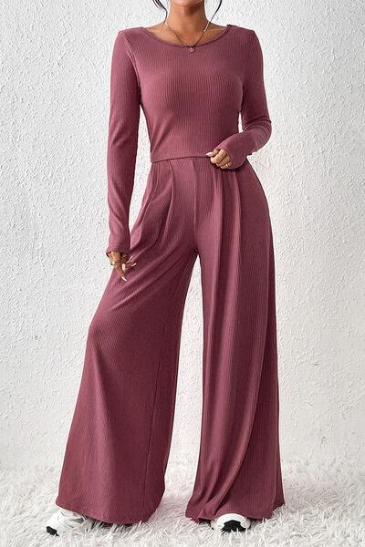 Ribbed Round Neck Top and Wide-Leg Pants Set - Trendsi