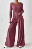 Ribbed Round Neck Top and Wide-Leg Pants Set - Trendsi