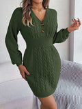 Buttoned Cable-Knit V-Neck Sweater Dress - Trendsi - Flyclothing LLC