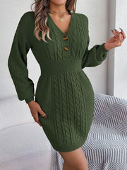 Buttoned Cable-Knit V-Neck Sweater Dress - Trendsi
