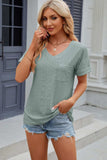 Eyelet V-Neck Short Sleeve T-Shirt - Trendsi - Flyclothing LLC
