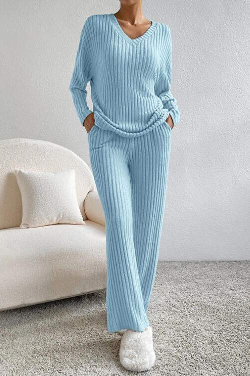 Ribbed V-Neck Top and Pants Set - Trendsi - Flyclothing LLC