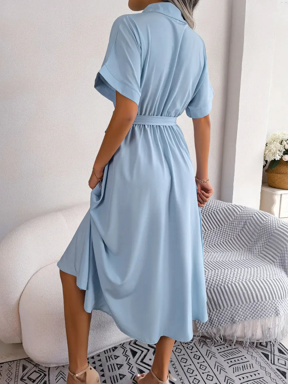 Short Sleeve Collared Tie Belt Dress - Trendsi - Flyclothing LLC