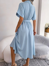 Short Sleeve Collared Tie Belt Dress - Trendsi - Flyclothing LLC