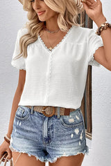 Textured Lace Trim Tee Shirt - Trendsi - Flyclothing LLC