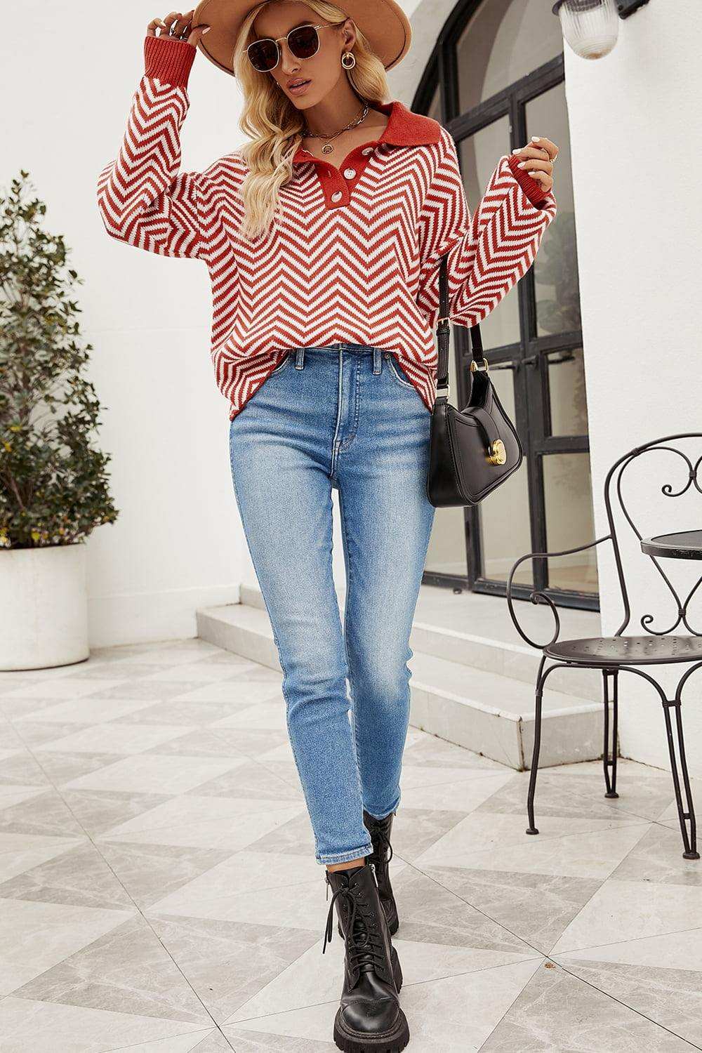 Striped Collared Neck Buttoned Pullover Sweater - Trendsi - Flyclothing LLC