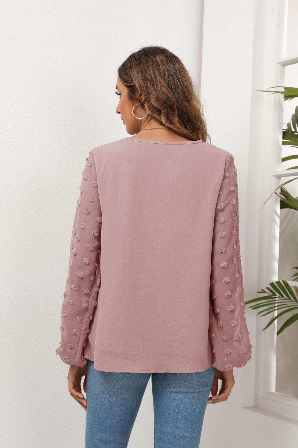 Swiss Dot Balloon Sleeve Blouse - Trendsi - Flyclothing LLC