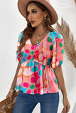 Printed V-Neck Babydoll Blouse - Trendsi