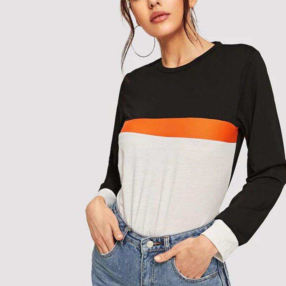 Color Block Round Neck Long Sleeve Tee - Trendsi - Flyclothing LLC